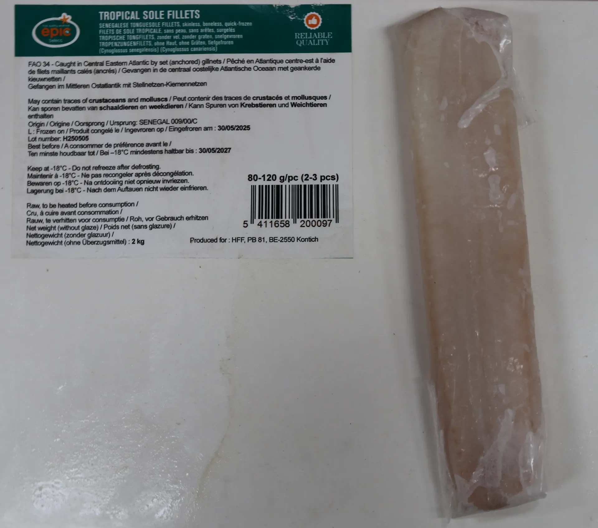 Filet de sole 10x1kg 80-120g/pc 龙利鱼片