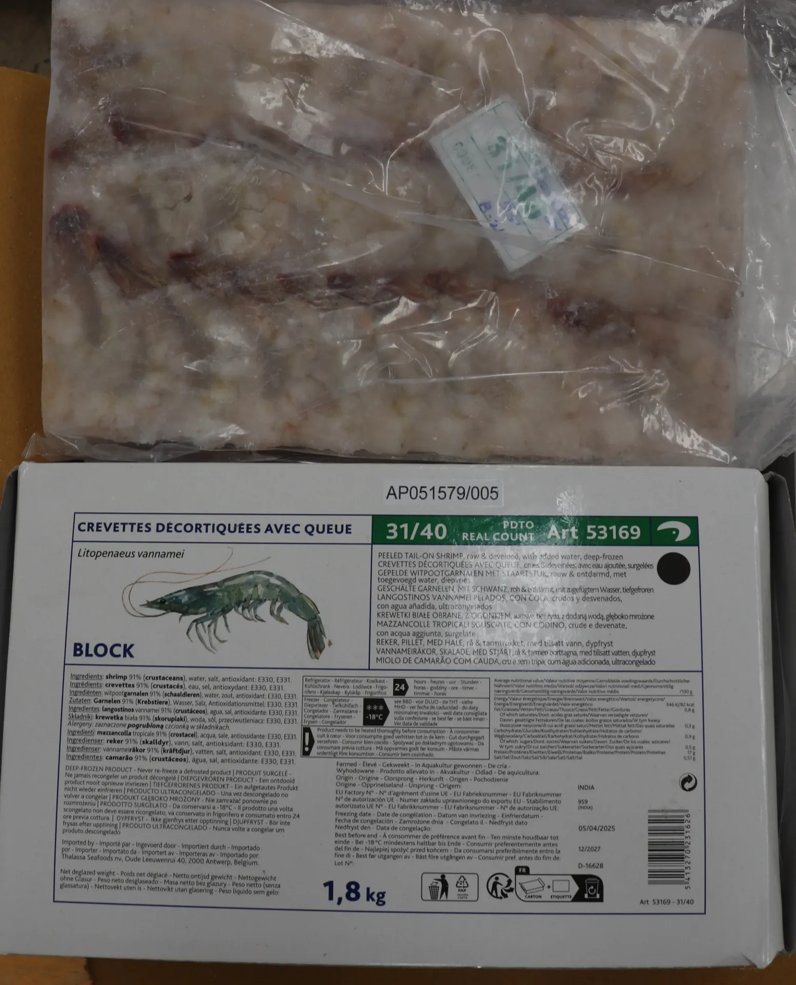 [GAM416 148] Crevette VAN PDTO 31/40 6*1.8kg 100% 去壳留尾虾