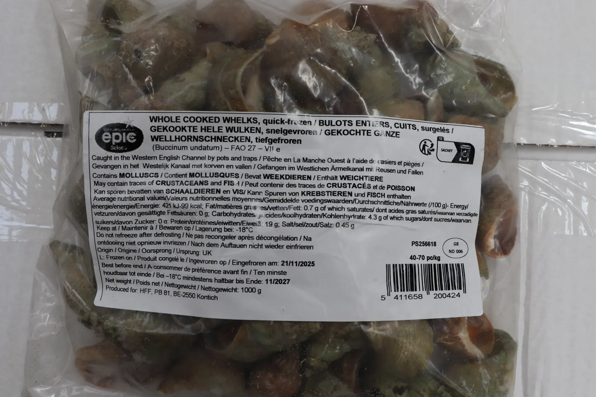 [BUL0011 251] Bulot entiers cuits 40/70pc/kg 12*1kg    熟海螺