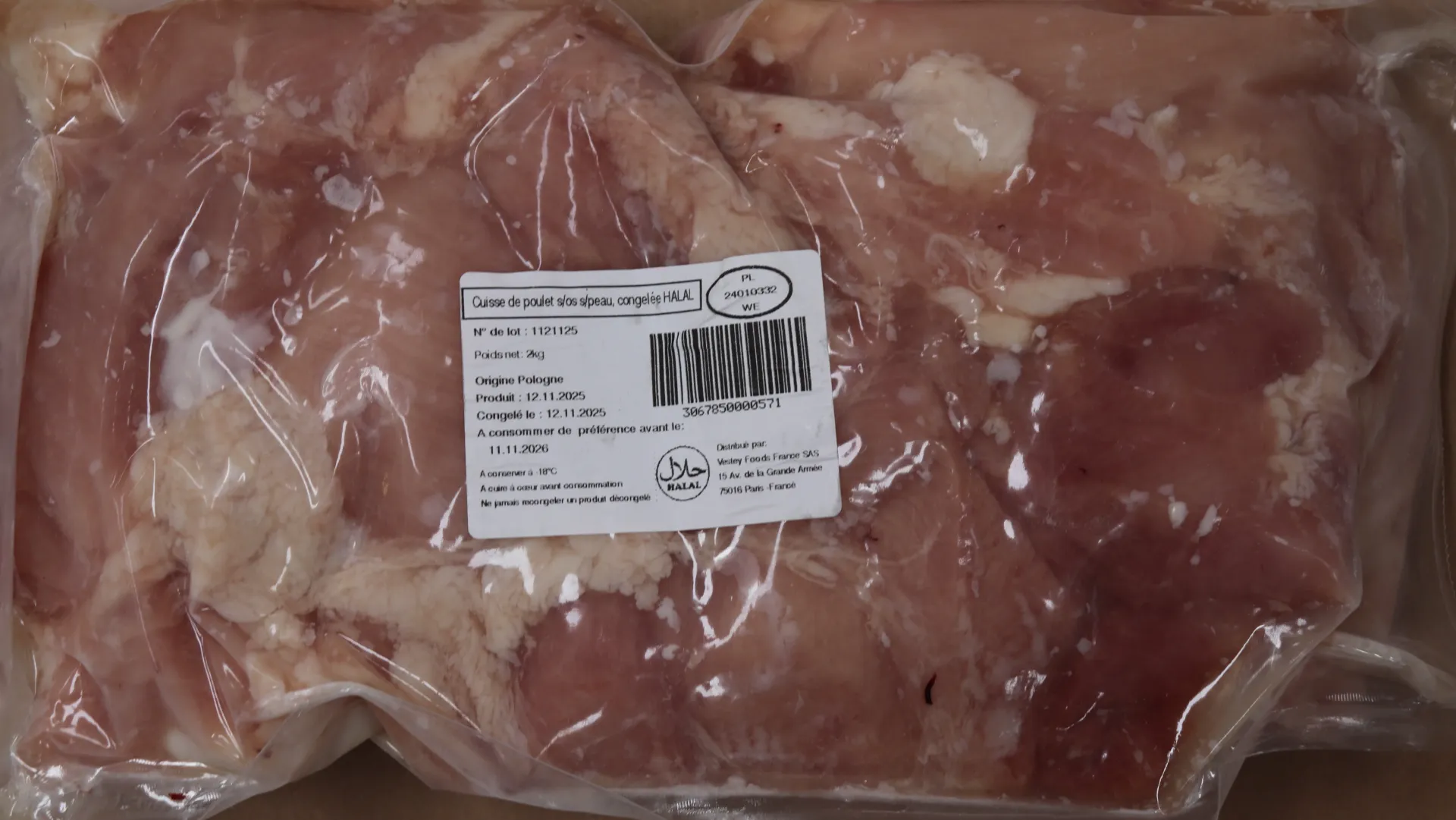 Cuisse poulet désossé ss.peau.halal 12kg 去骨去皮鸡腿